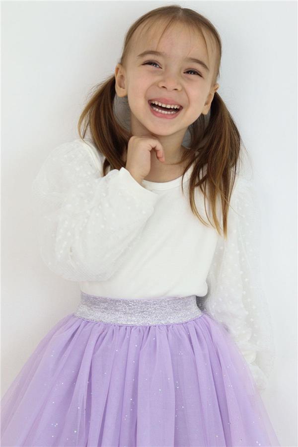 Girls' Long-Sleeved Blouse with Tulle Sleeves, Ecru (Ages 3-7)