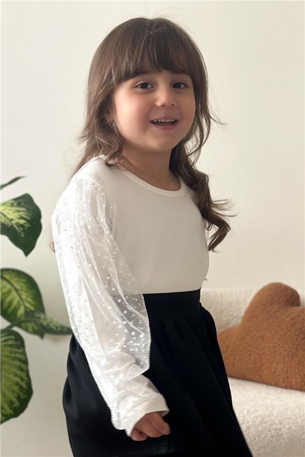 Girls' Long-Sleeved Blouse with Tulle Sleeves, Ecru (Ages 3-7)