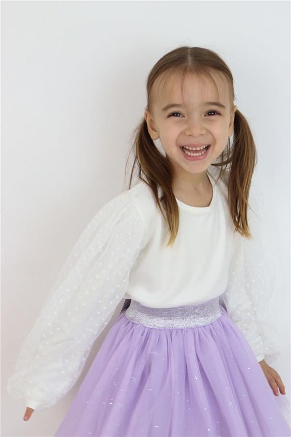 Girls' Long-Sleeved Blouse with Tulle Sleeves, Ecru (Ages 3-7)
