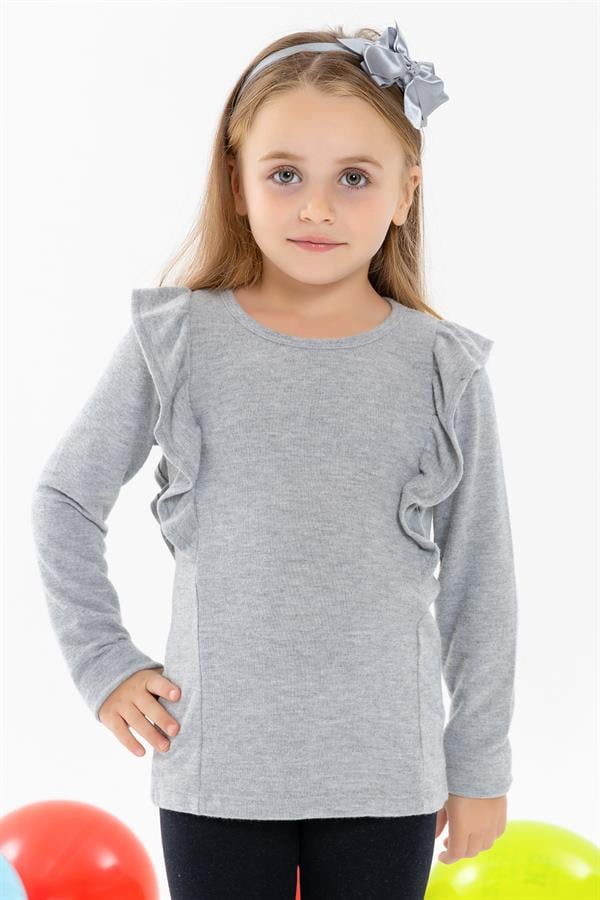 Girls' Long-Sleeved Blouse with Ruffled Shoulders, Grey (Ages 3-4)