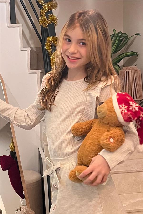 Girls' Long-Sleeved Blouse with Ruffled Shoulders, Beige Melange (Ages 6-12)