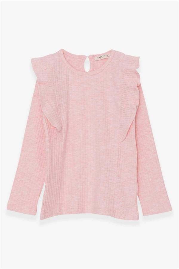 Girls' Long-Sleeved Blouse with Ruffled Shoulders, Salmon Melange (Ages 6-12)