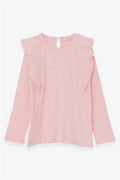 Girls' Long-Sleeved Blouse with Ruffled Shoulders, Salmon Melange (Ages 6-12)