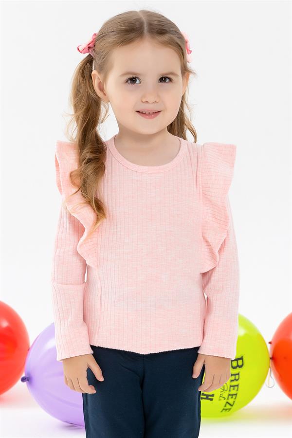 Baby Girl Long-Sleeved Blouse with Ruffled Shoulders, Salmon Melange (1.5-2 Years)