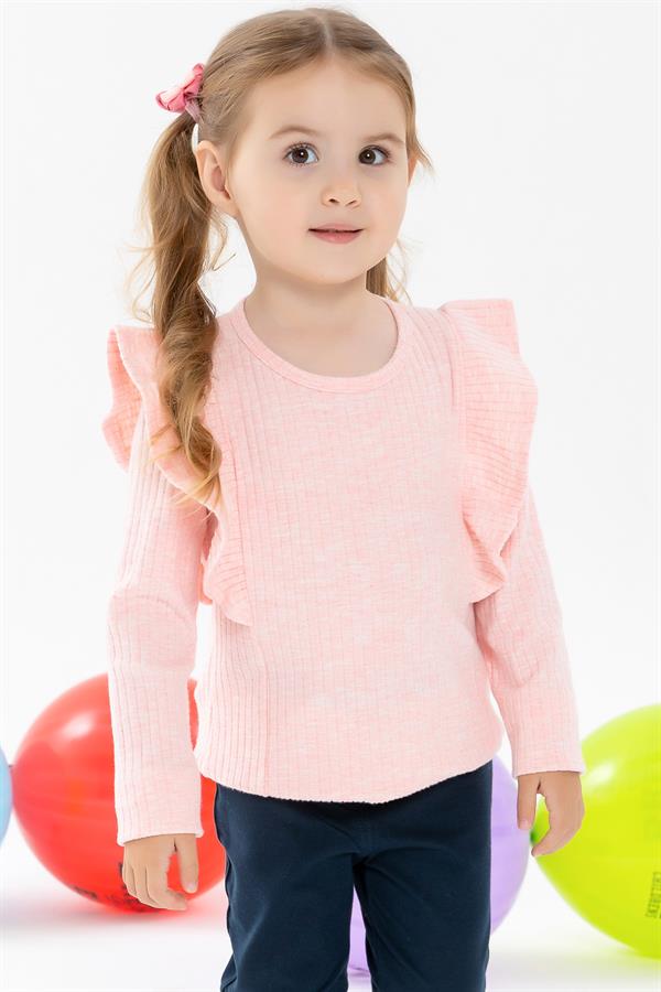 Baby Girl Long-Sleeved Blouse with Ruffled Shoulders, Salmon Melange (1.5-2 Years)