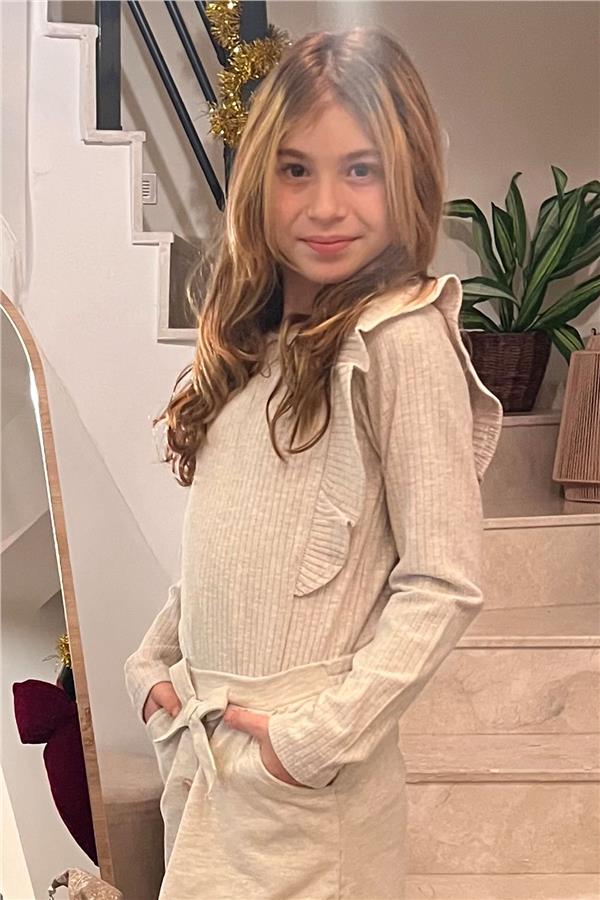 Girls' Long-Sleeved Blouse with Ruffled Shoulders, Beige Melange (Ages 6-12)