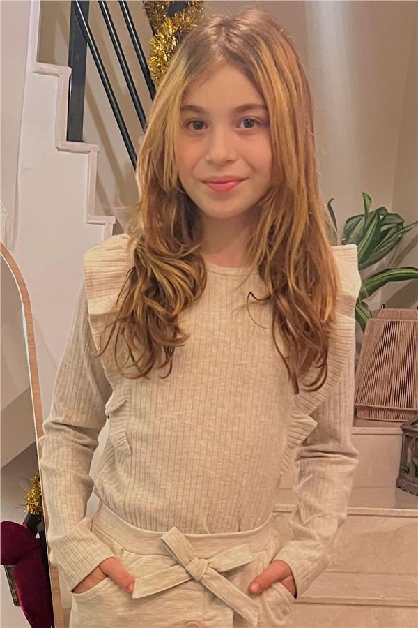 Girls' Long-Sleeved Blouse with Ruffled Shoulders, Beige Melange (Ages 6-12)