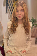 Girls' Long-Sleeved Blouse with Ruffled Shoulders, Beige Melange (Ages 6-12)