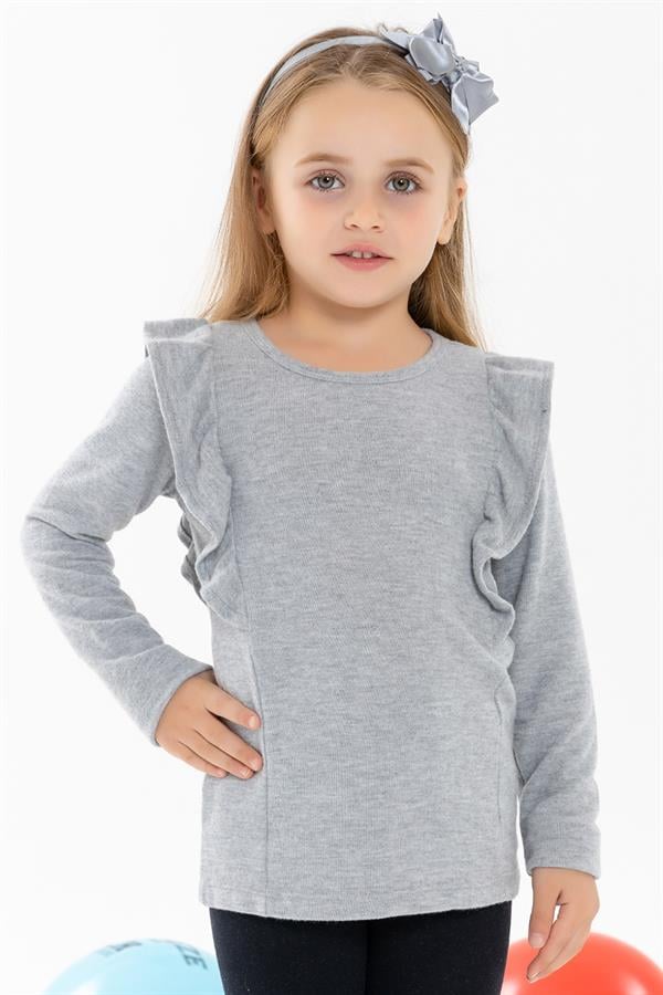 Girls' Long-Sleeved Blouse with Ruffled Shoulders, Grey (Ages 3-4)