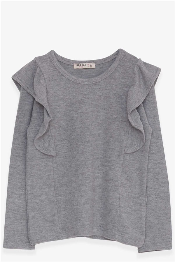 Girls' Long-Sleeved Blouse with Ruffled Shoulders, Grey (Ages 3-4)