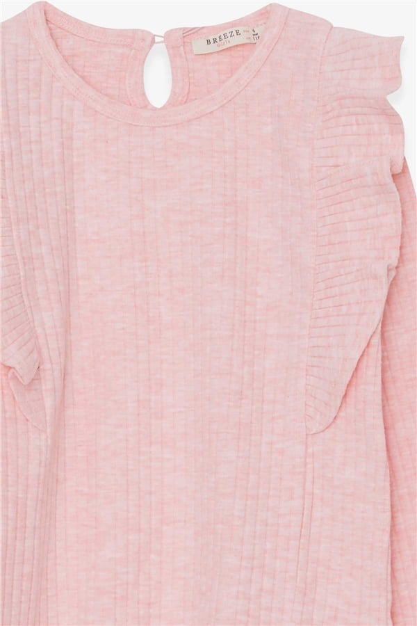 Girls' Long-Sleeved Blouse with Ruffled Shoulders, Salmon Melange (Ages 6-12)