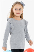 Girls' Long-Sleeved Blouse with Ruffled Shoulders, Grey (Ages 3-4)