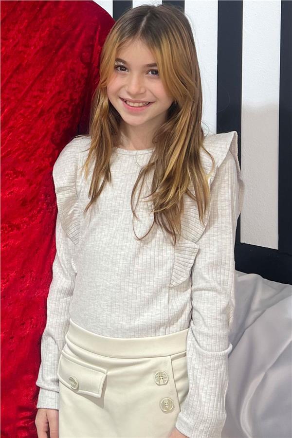 Girls' Long-Sleeved Blouse with Ruffled Shoulders, Beige Melange (Ages 6-12)