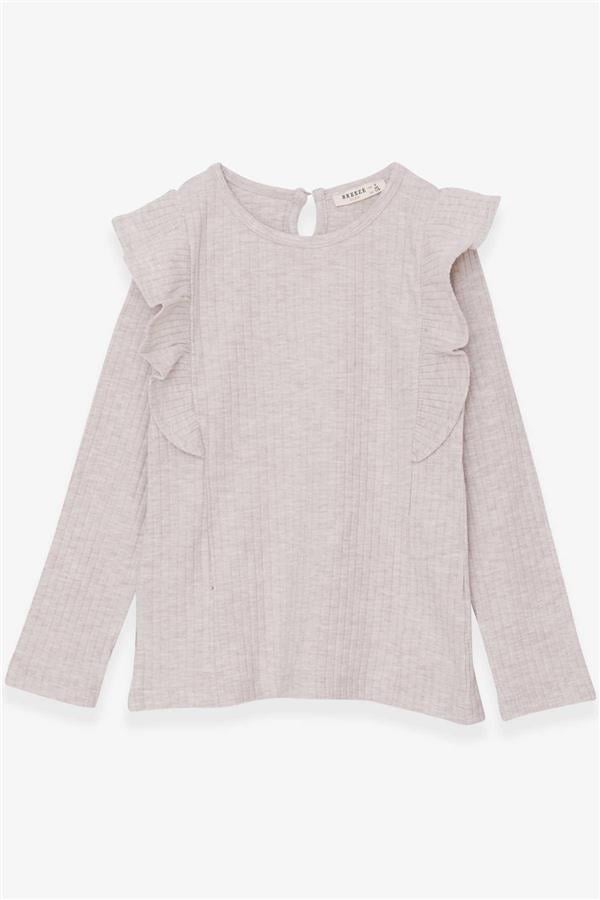 Girls' Long-Sleeved Blouse with Ruffled Shoulders, Beige Melange (Ages 6-12)