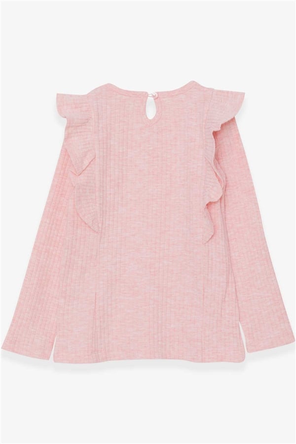 Girls' Long-Sleeved Blouse with Ruffled Shoulders, Salmon Melange (Ages 6-12)