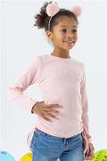 Girls' Long-Sleeved Blouse with Gathered Sides, Salmon Melange (Ages 8-14)