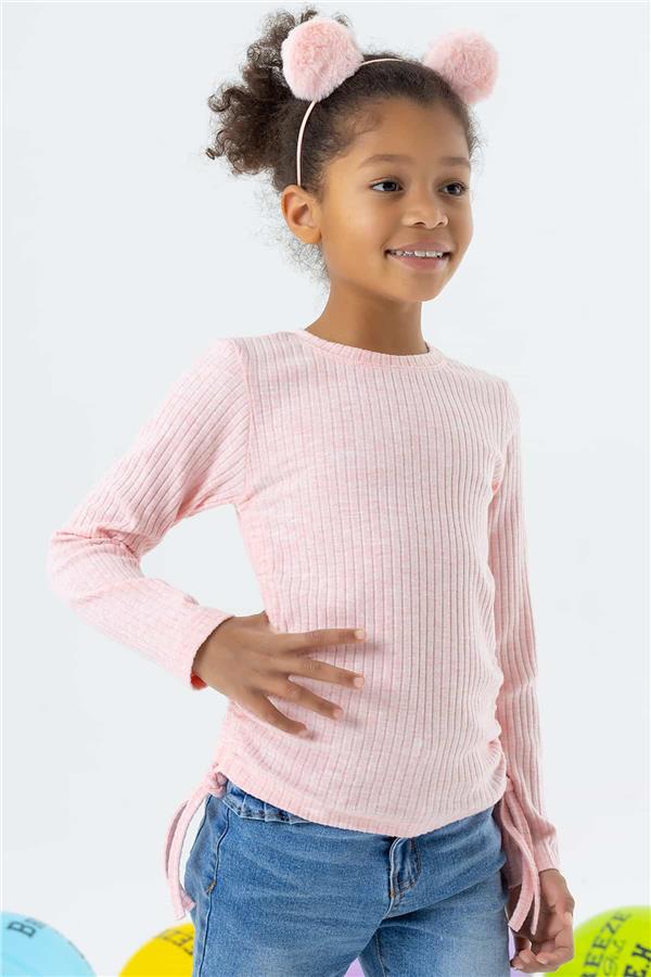 Girls' Long-Sleeved Blouse with Gathered Sides, Salmon Melange (Ages 8-14)