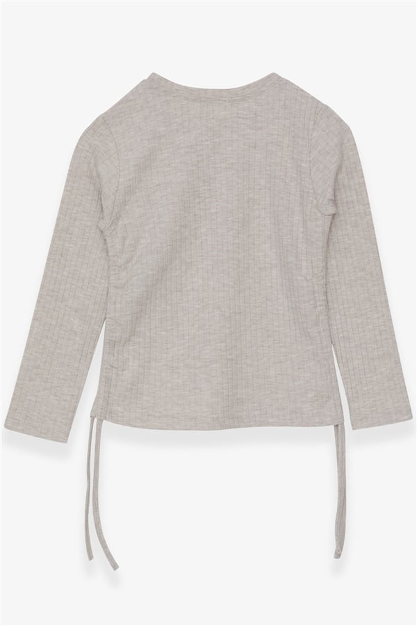 Girls' Long-Sleeved Blouse with Gathered Sides, Beige Melange (Ages 8-14)