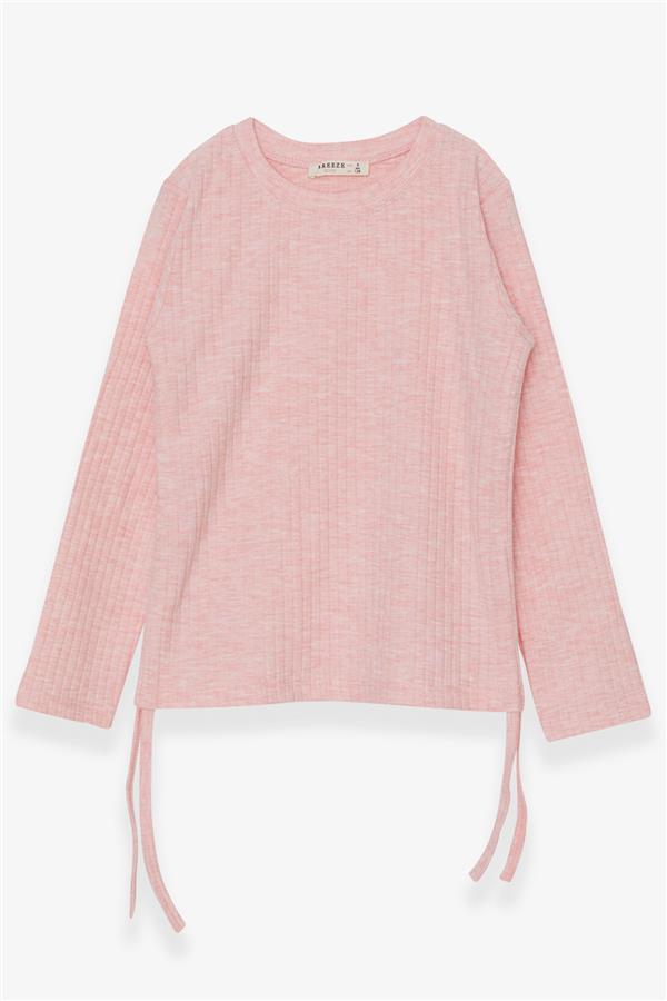 Girls' Long-Sleeved Blouse with Gathered Sides, Salmon Melange (Ages 8-14)