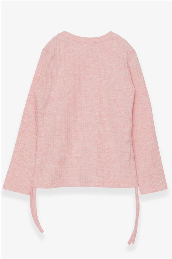Girls' Long-Sleeved Blouse with Gathered Sides, Salmon Melange (Ages 8-14)