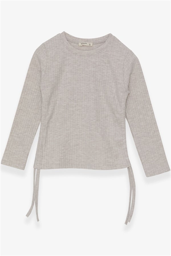 Girls' Long-Sleeved Blouse with Gathered Sides, Beige Melange (Ages 8-14)
