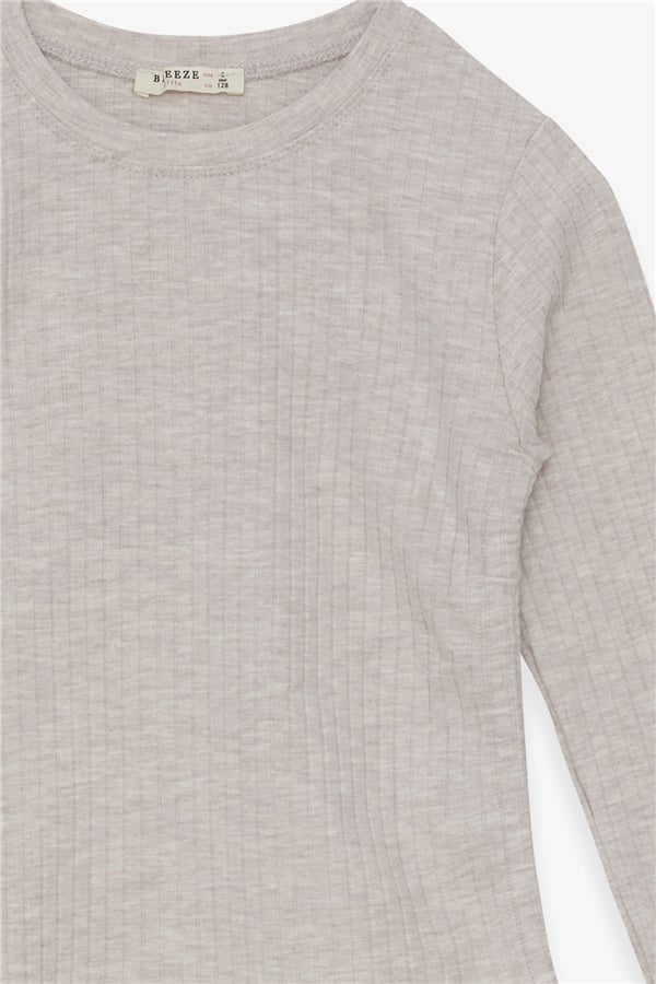 Girls' Long-Sleeved Blouse with Gathered Sides, Beige Melange (Ages 8-14)