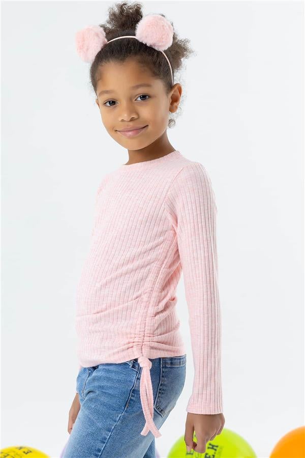 Girls' Long-Sleeved Blouse with Gathered Sides, Salmon Melange (Ages 8-14)