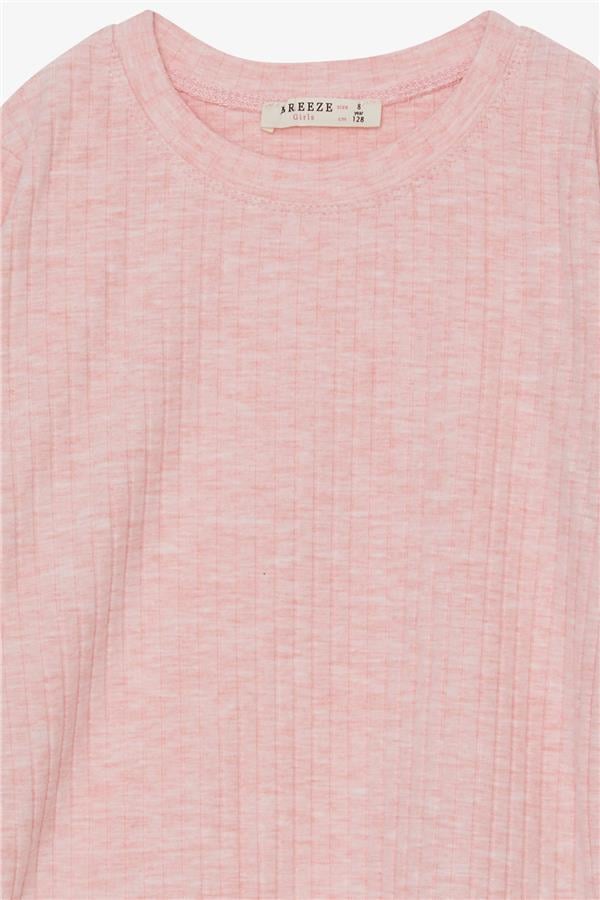 Girls' Long-Sleeved Blouse with Gathered Sides, Salmon Melange (Ages 8-14)