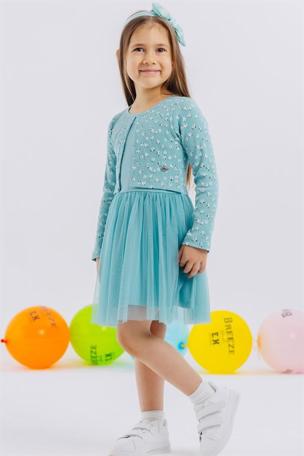 Girl's Long-Sleeved Dress with Tulle and Floral Pattern, Aqua Green (3 Years)