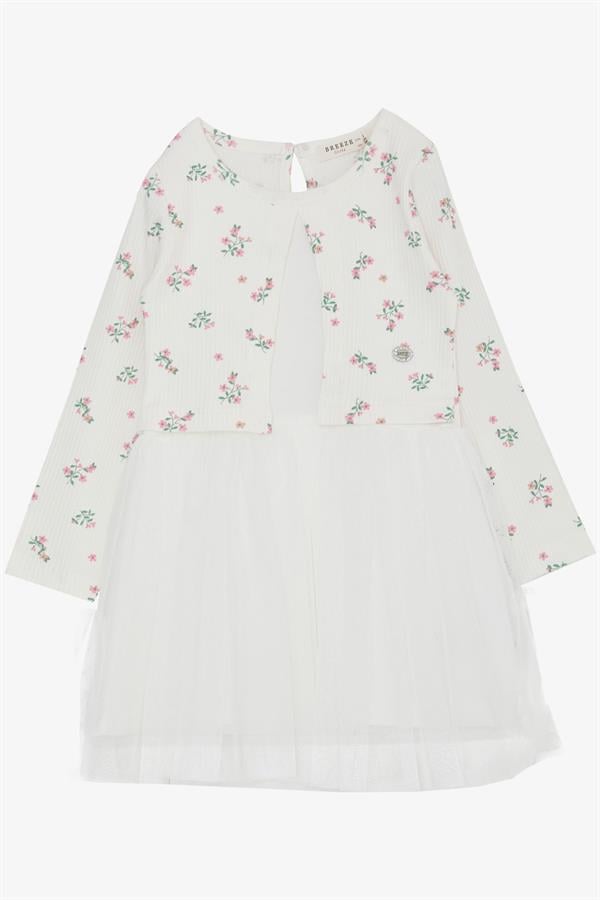 Girl's Long-Sleeved Dress with Tulle and Floral Pattern, White (3-4 Years)