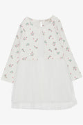 Girl's Long-Sleeved Dress with Tulle and Floral Pattern, White (3-4 Years)