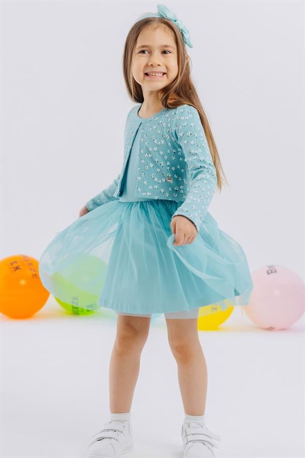 Girl's Long-Sleeved Dress with Tulle and Floral Pattern, Aqua Green (3 Years)