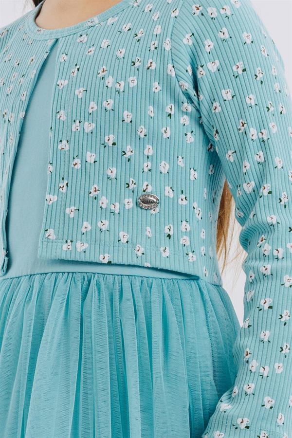 Girl's Long-Sleeved Dress with Tulle and Floral Pattern, Aqua Green (3 Years)