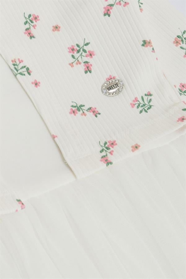 Girl's Long-Sleeved Dress with Tulle and Floral Pattern, White (3-4 Years)