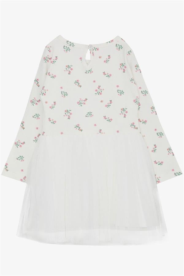 Girl's Long-Sleeved Dress with Tulle and Floral Pattern, White (3-4 Years)