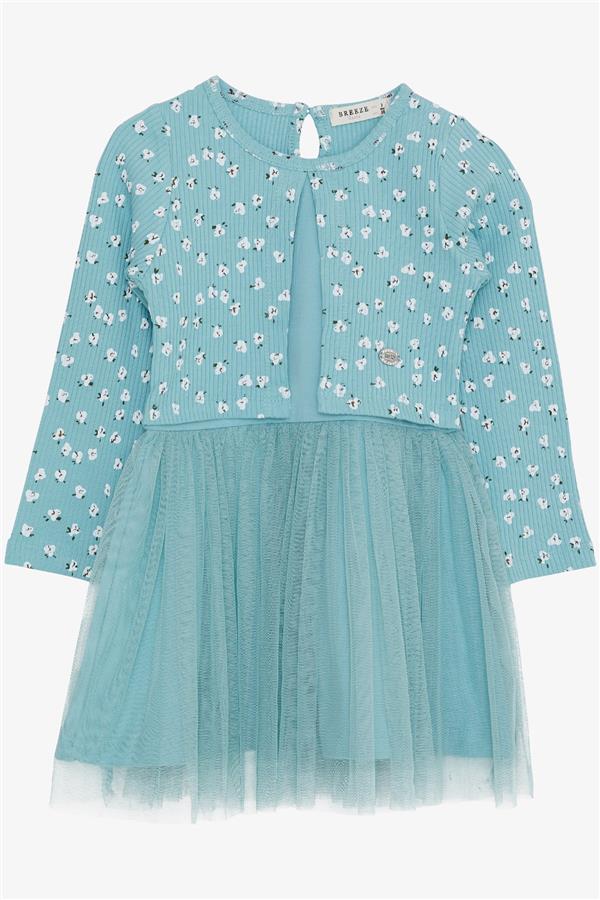 Girl's Long-Sleeved Dress with Tulle and Floral Pattern, Aqua Green (3 Years)