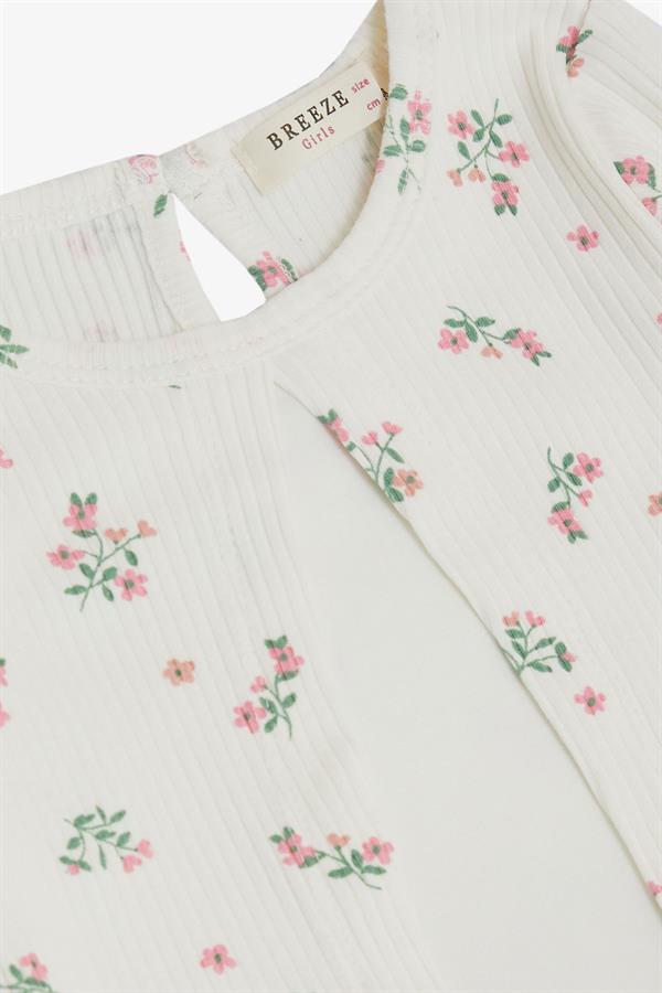 Girl's Long-Sleeved Dress with Tulle and Floral Pattern, White (3-4 Years)