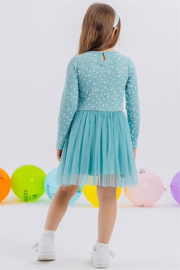 Girl's Long-Sleeved Dress with Tulle and Floral Pattern, Aqua Green (3 Years)