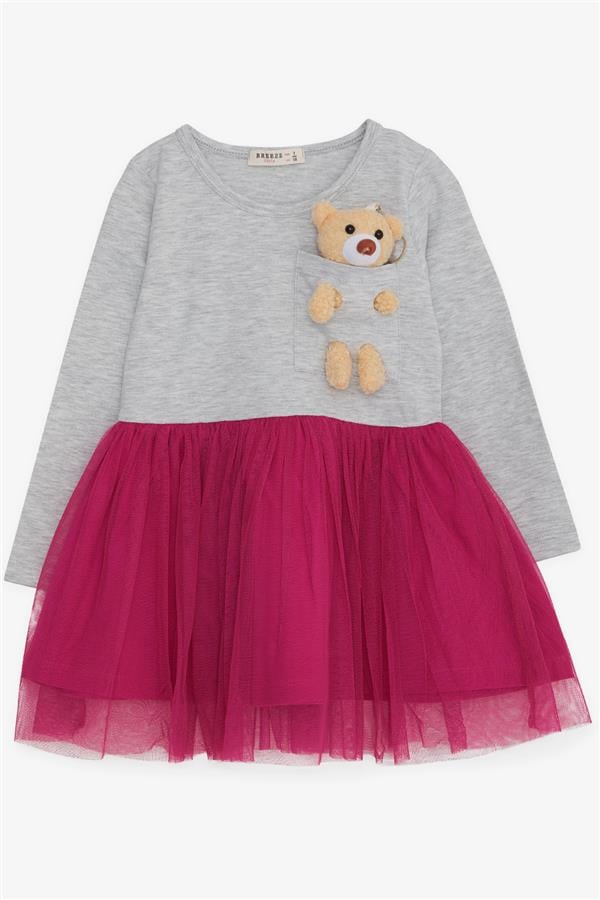 Girls' Long-Sleeved Dress with Teddy Bear Accessory, Light Grey Melange (Ages 3)