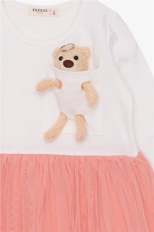 Girls' Long-Sleeved Dress with Teddy Bear Accessory, Ecru (Ages 3-4)