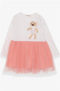 Girls' Long-Sleeved Dress with Teddy Bear Accessory, Ecru (Ages 3-4)