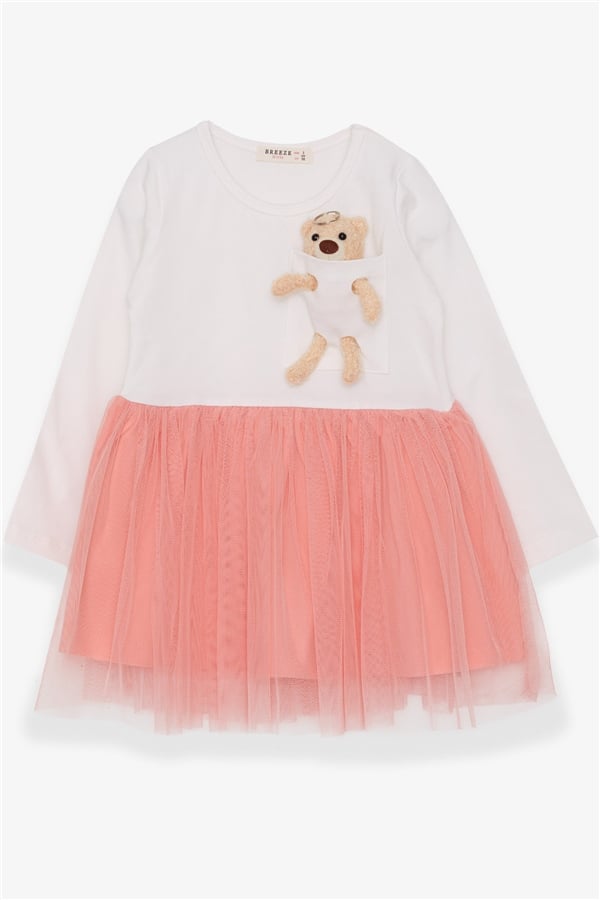 Girls' Long-Sleeved Dress with Teddy Bear Accessory, Ecru (Ages 3-4)