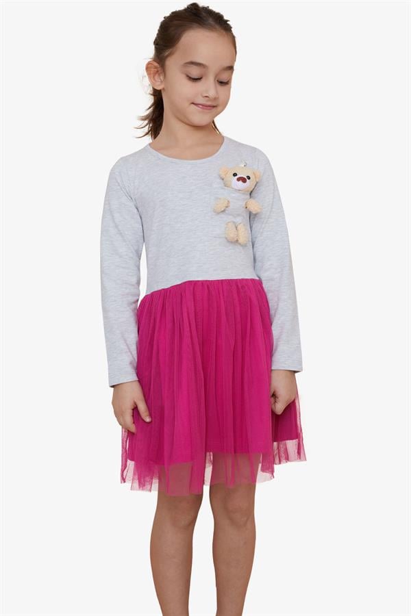 Girls' Long-Sleeved Dress with Teddy Bear Accessory, Light Grey Melange (Ages 3)