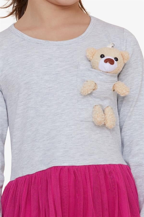 Girls' Long-Sleeved Dress with Teddy Bear Accessory, Light Grey Melange (Ages 3)