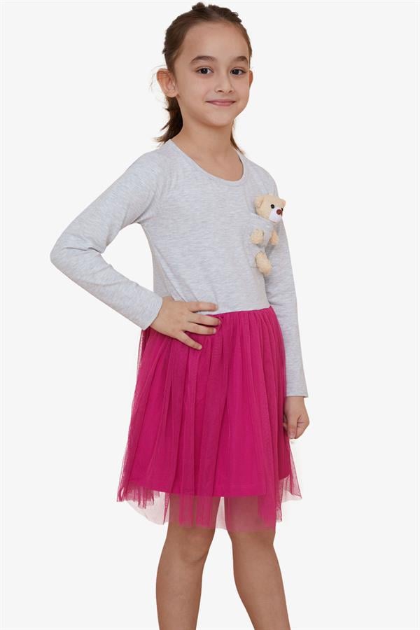 Girls' Long-Sleeved Dress with Teddy Bear Accessory, Light Grey Melange (Ages 3)