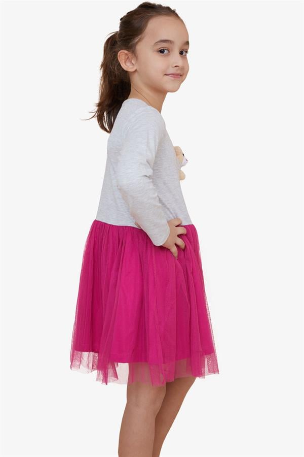 Girls' Long-Sleeved Dress with Teddy Bear Accessory, Light Grey Melange (Ages 3)