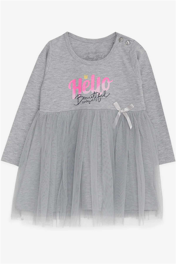 Baby Girl Long-Sleeved Dress, Printed Tulle, Grey Melange (1.5-2 Years)
