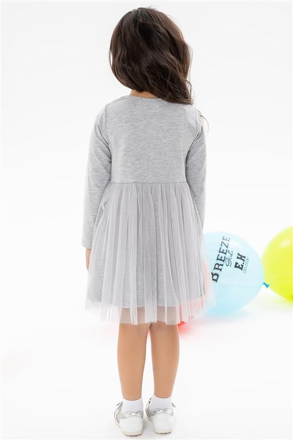 Baby Girl Long-Sleeved Dress, Printed Tulle, Grey Melange (1.5-2 Years)