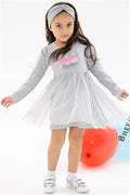 Baby Girl Long-Sleeved Dress, Printed Tulle, Grey Melange (1.5-2 Years)