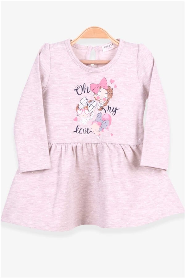 Baby Girl Long-Sleeved Dress, Baby Print Pattern, Beige Melange (1-2 Years)